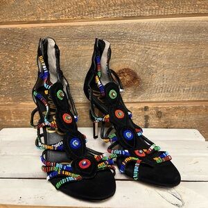 Sam Edelman Sage Beaded High Heel Sandals Black Suede Size 8.5 Aztec Boho